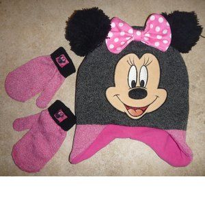 Toddler Girls MINNIE MOUSE Fleece Lined Trapper Hat & Mittens OSFM Pom Poms NWT